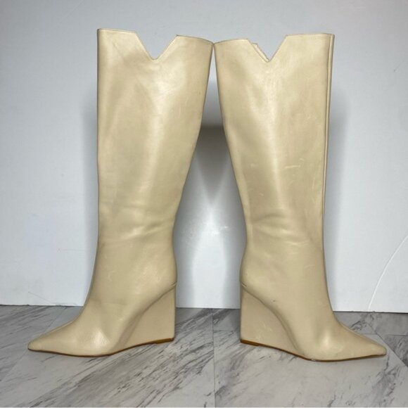 Schutz Asya Up Eggshell Leather Pointy Toe Wedge Tall Boot 8B - Picture 8 of 15